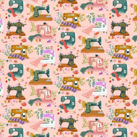 CD2084-PINK Pink Floral Sewing Machines by Timeless Treasures
