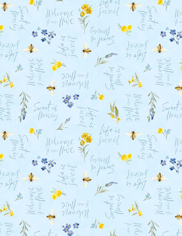 Bees and Blooms Tossed Words Blue 89285-454 by Wilmington Prints