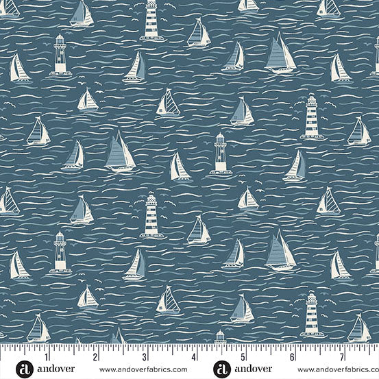 Driftwood Sailing Boats Blue by Andover Fabrics MU-172-B
