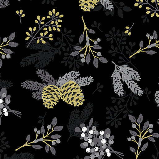 Holiday Sparkle Pinecones & Berries Black by Benartex 12526M-12