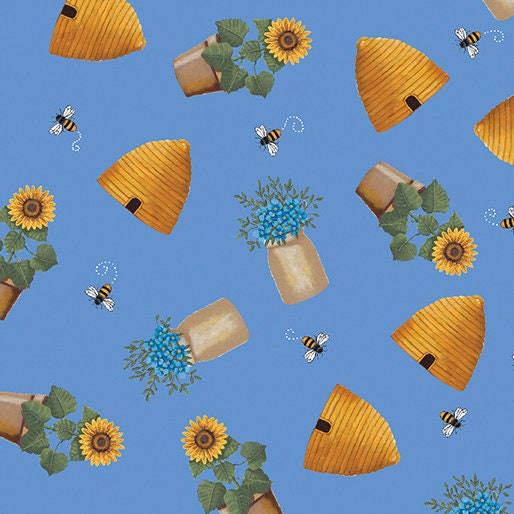 Wildflower Honey bees and skeps blue 16127-55 by Benartex