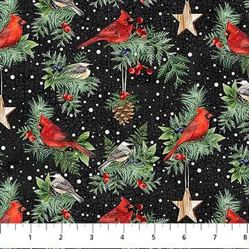 Winter Song cardinals and chickadees on black 27804-99 by Northcott Fabrics