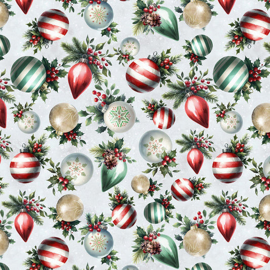 Cozy Tidings tossed ornaments X5601H 176 by Hoffman Fabrics