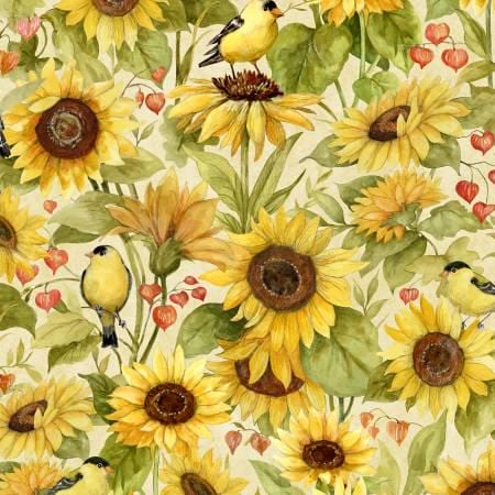 Sunflower Splendor Cream sunflowers and bird all over 83327-257 by Wilmington Prints