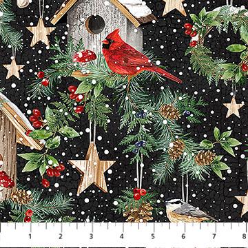 Winter Song cardinals and birdhouses DP27802-99 by Northcott Fabrics