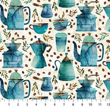 Barista blue pots DP27697-11 by Northcott Fabrics