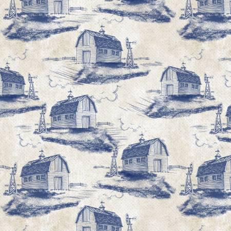 Morning Serenade Cream blue barn all over 39868-224 by Wilmington Prints