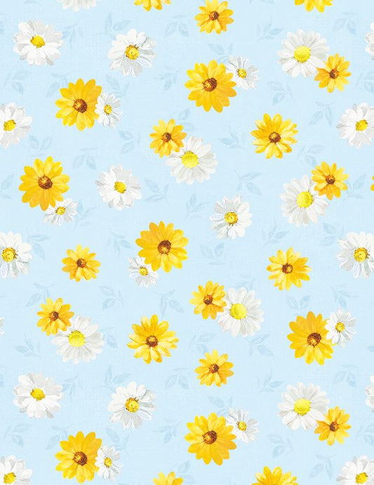 Bees and Blooms Daisy Toss Blue 89284-451 by Wilmington Prints