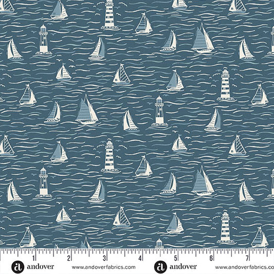 Driftwood Sailing Boats Blue by Andover Fabrics MU-172-B