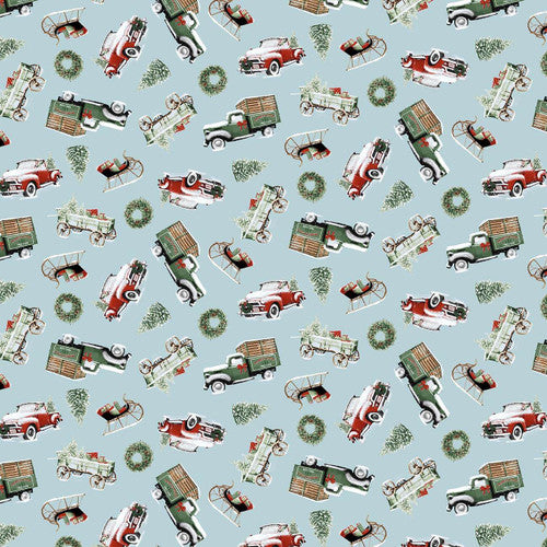 Holiday Spirit Lt Blue tossed vehicles 713-11 by Henry Glass Fabrics