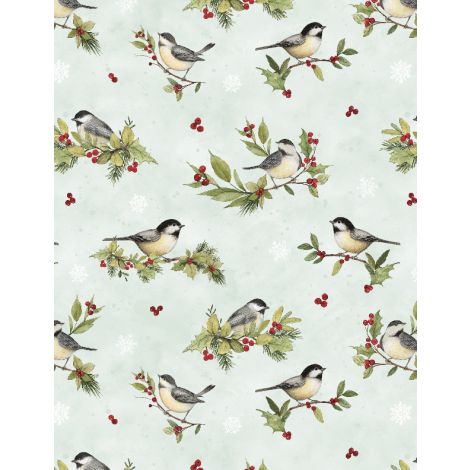 Medley in Red Chickadees Mint Green 39738-793 by Wilmington Prints
