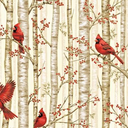 Berries and Birch gold cardinals and birch X7794H-33G by Hoffman Fabrics