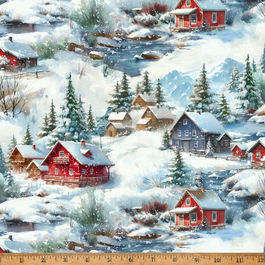 Cozy Tidings scenic cabins X5598H-307 by Hoffman Fabrics